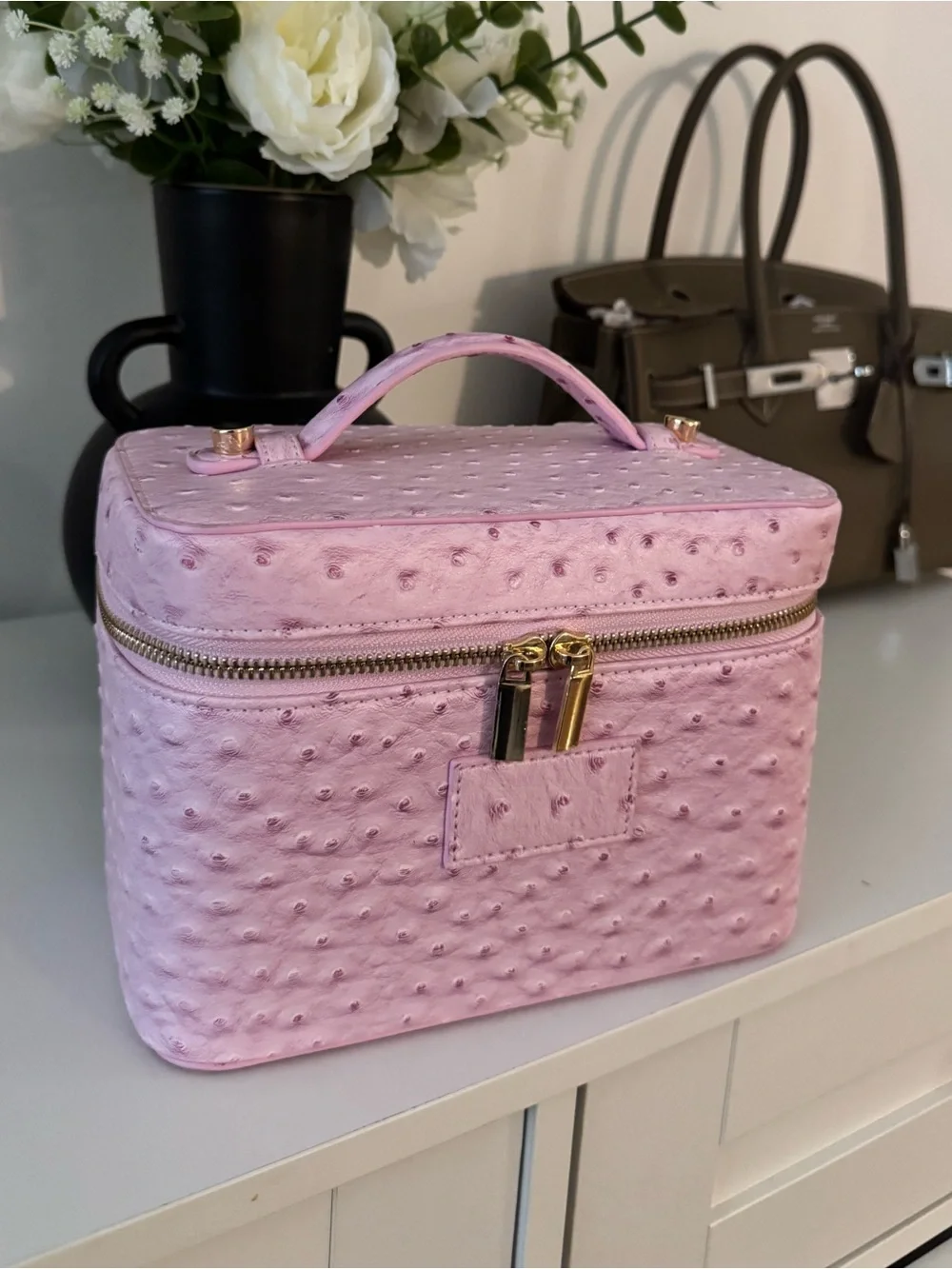 New w/Tags Ostrich Pink Structured Travel Makeup Case with Top Handle